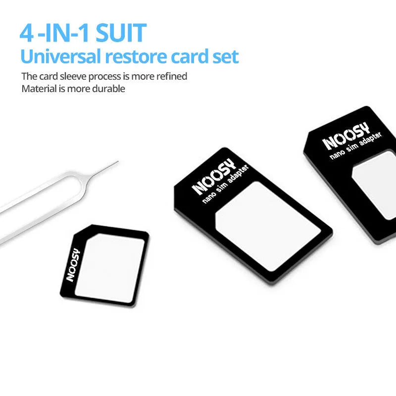 Four-in-one SIM restore kit showing three plastic SIM adapters and a metal pickup pin