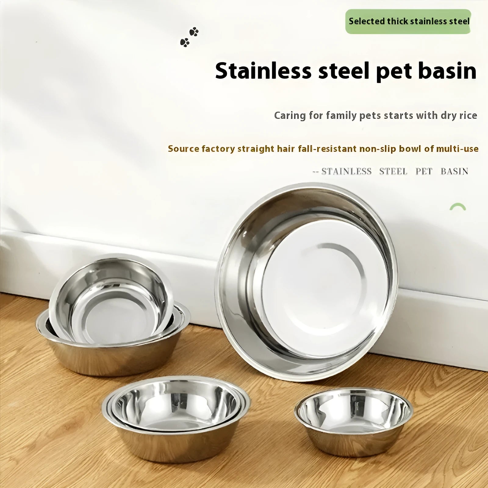 Stainless steel pet bowl with non-slip base shown in various sizes from 13cm to 22cm diameter.
