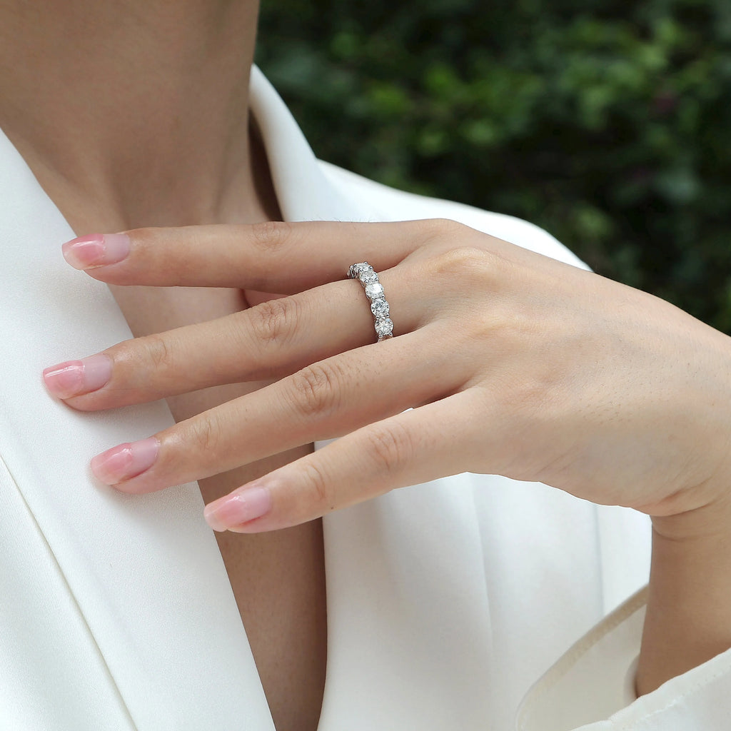 Starlight moissanite wedding ring set in S925 silver platinum plated on display in gift box, available in yellow gold and rose gold