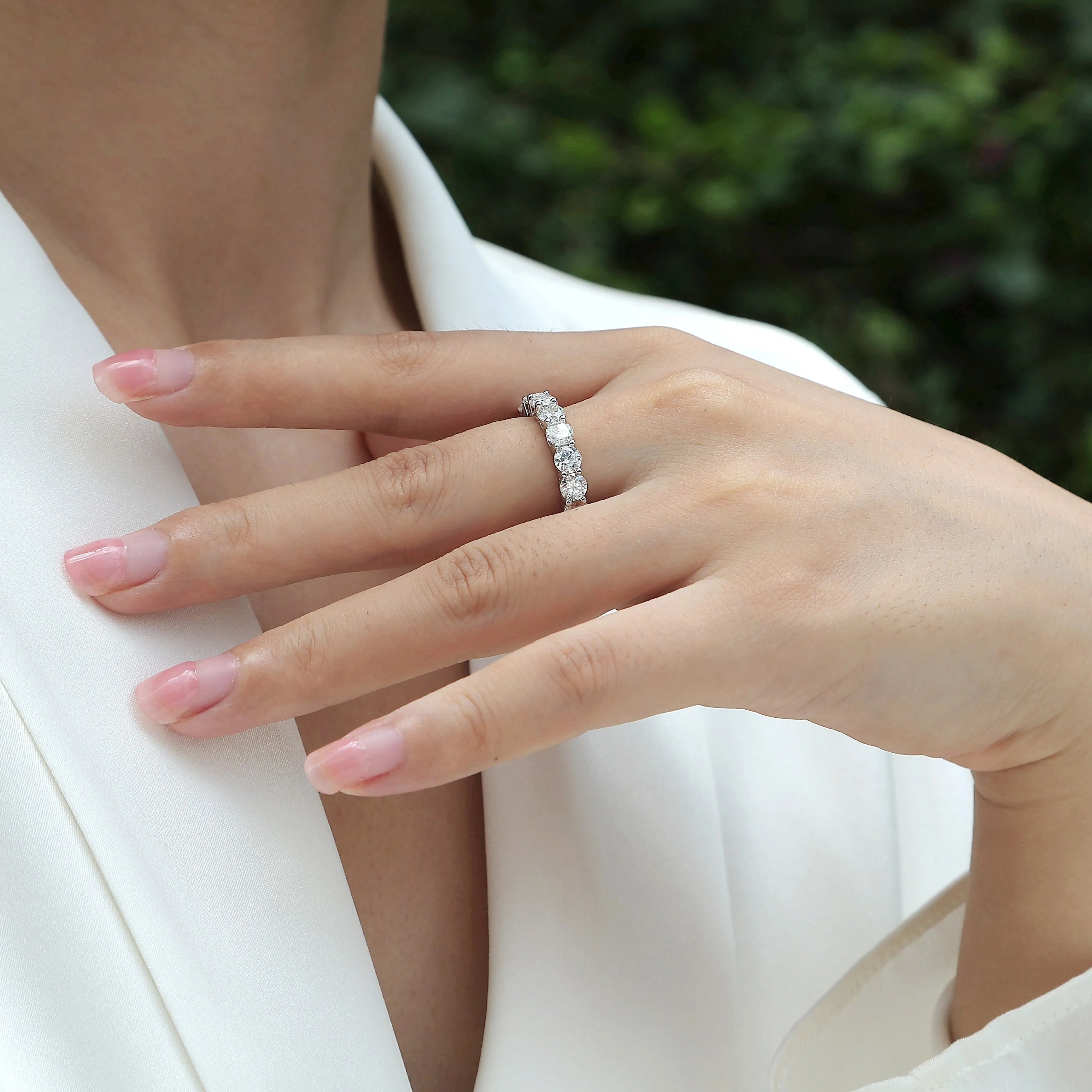 Starlight moissanite wedding ring set in S925 silver platinum plated on display in gift box, available in yellow gold and rose gold