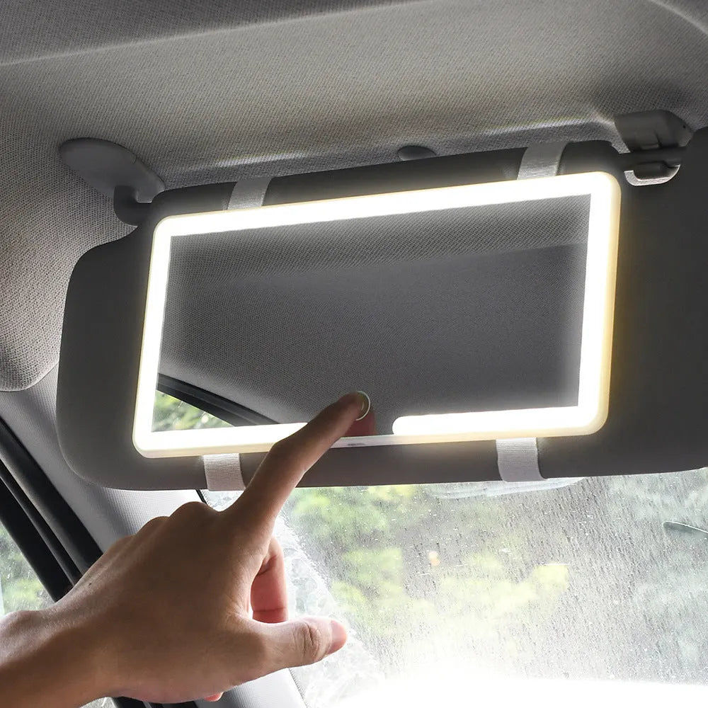 Automotive sun visor mounted LED makeup mirror with dimming control showing dimensions