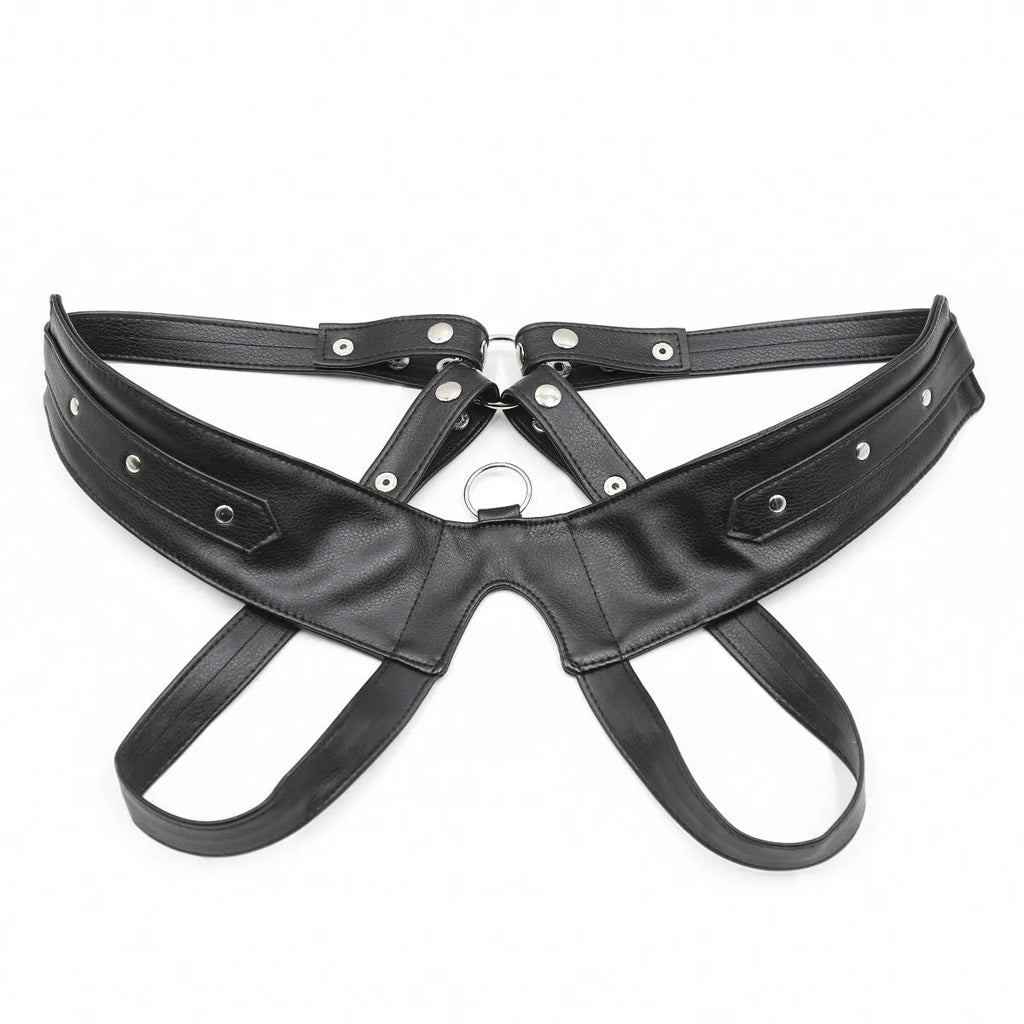 Black leather adjustable men's chest strap harness laid flat on a neutral background with adjustable fastener visible