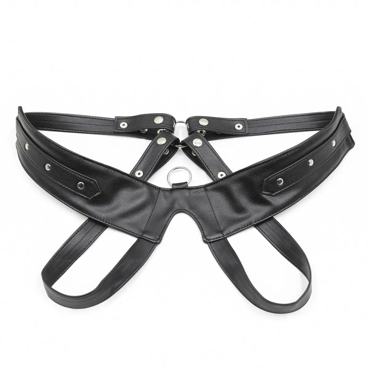 Black leather adjustable men's chest strap harness laid flat on a neutral background with adjustable fastener visible