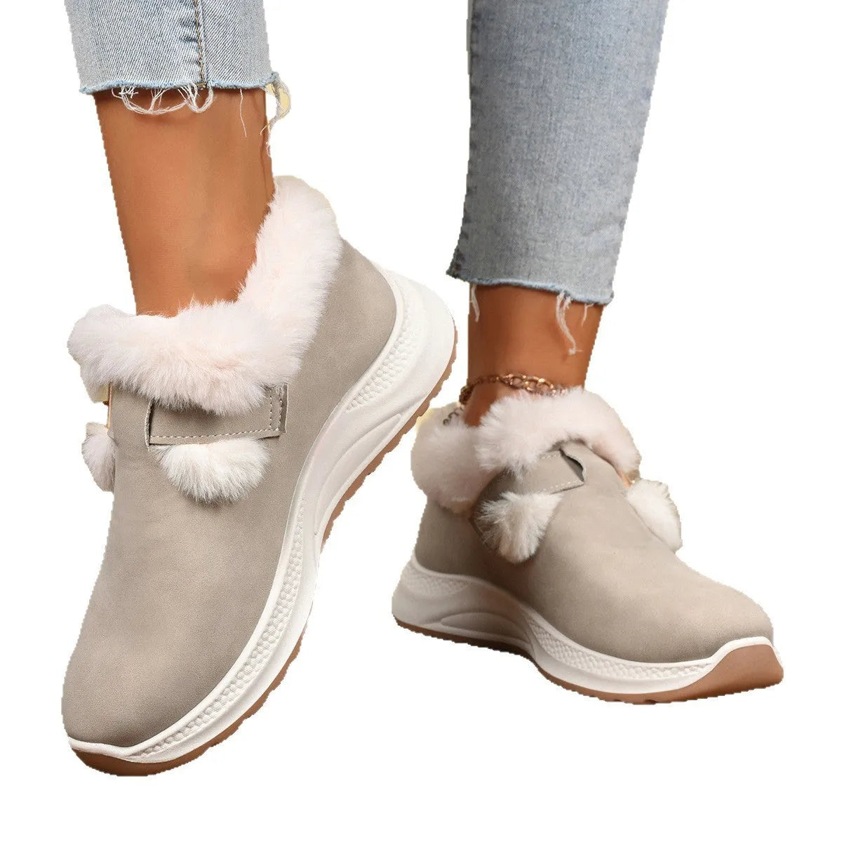 Winter women's slip-on platform fluffy cotton shoes in black with belt buckle detail