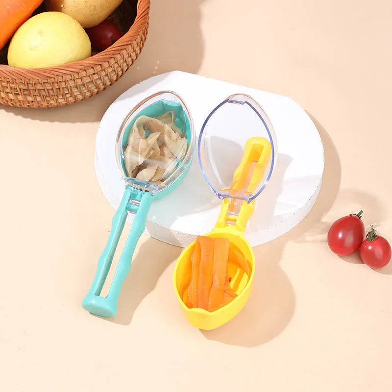Yellow kitchen peeler knife with storage lid for fruit and potato peeling