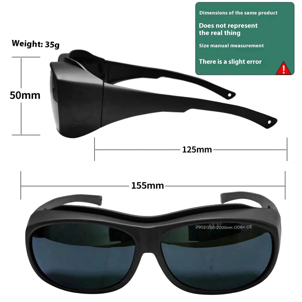A pair of clear PC laser safety goggles for skin rejuvenation and welding, offering 200-2000nm wavelength protection.