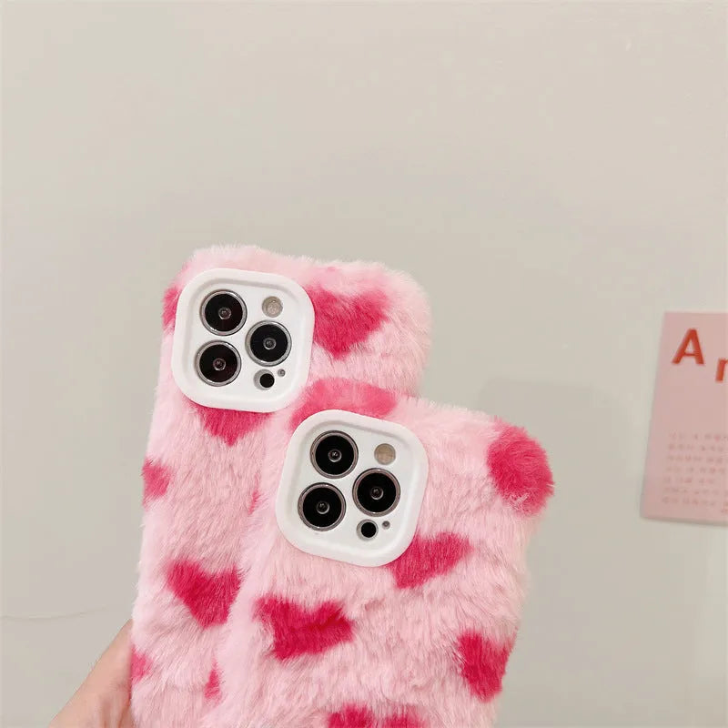 Pink cartoon-style plush silicone back cover case for Apple iPhone 11, 12, 13, 14 and 15 models.