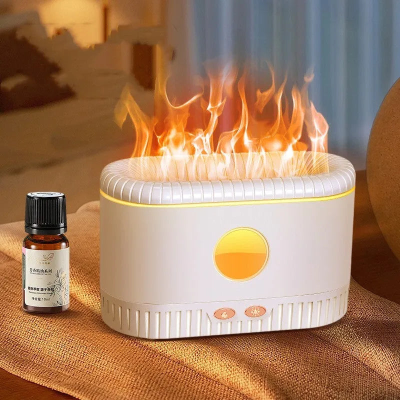 White desktop simulated flame atmosphere humidifier with square design and single mist outlet on a wooden table