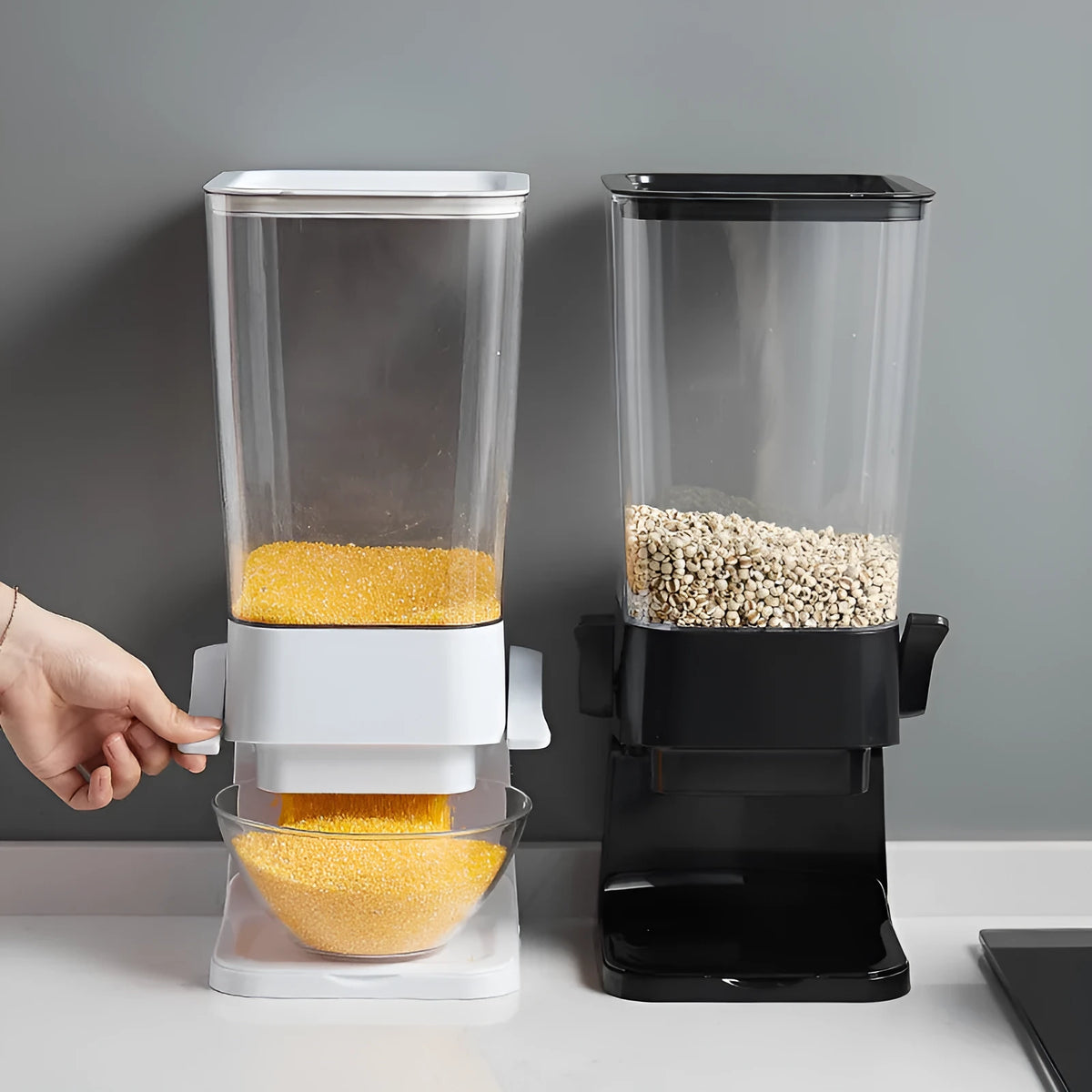 Countertop cereal dispenser with chute design, non-slip levers, 5500 ml capacity, black or white ABS and PS body