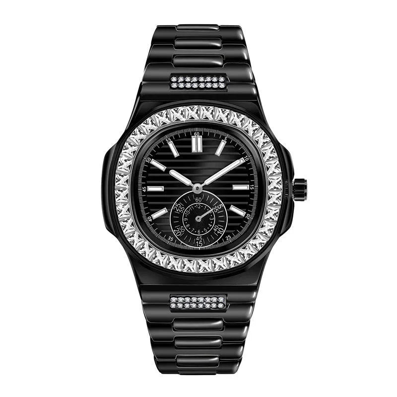 Men's alloy diamond watch with 4.5cm case and 23cm strap, available in black