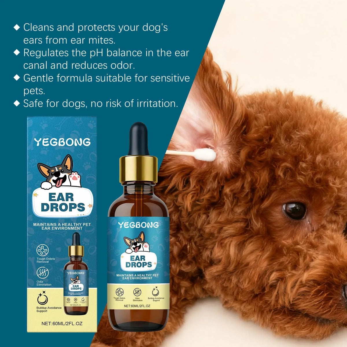 60ml bottle of dog ear care drops with glycerin bisabolol and chamomile extract