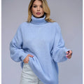 Women's high neck pullover sweater in thick imitation cashmere fabric, shown in sky blue colour.