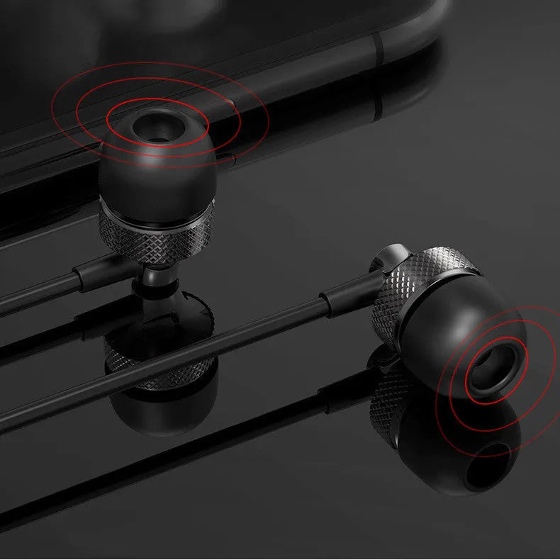 Gold metal in-ear headphones with a black wheat cable and 3.5mm plug on a white background.