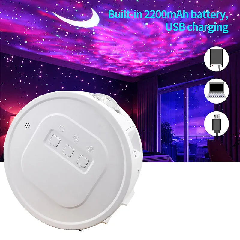 USB Ocean Star Projection Light with 360 degree rotation, starry sky pattern projected on ceiling, white lamp body on desk