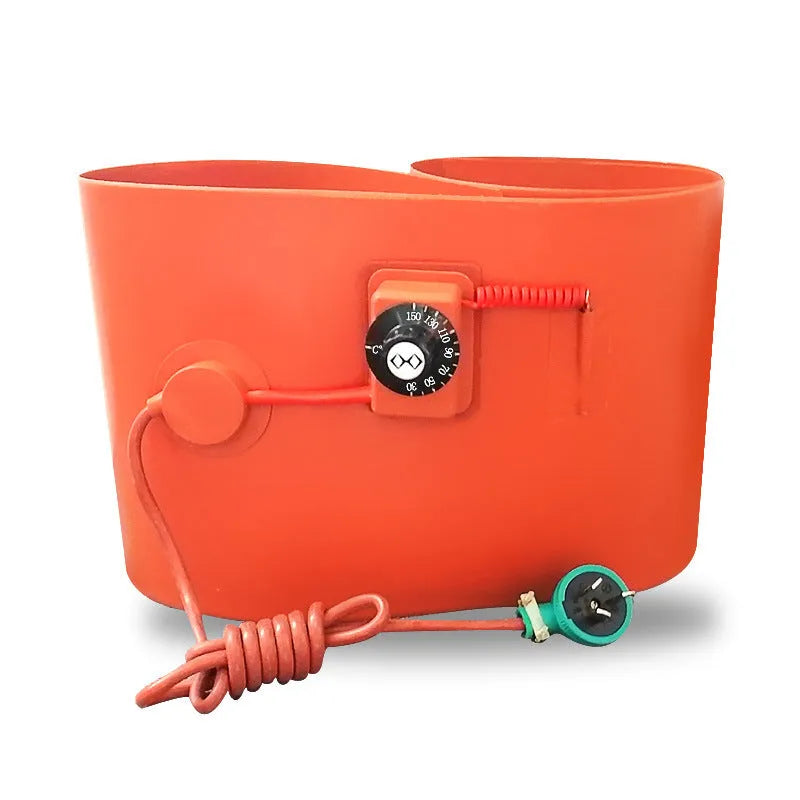 Silicone rubber heating belt wrapped around a 200-litre oil drum with digital control panel