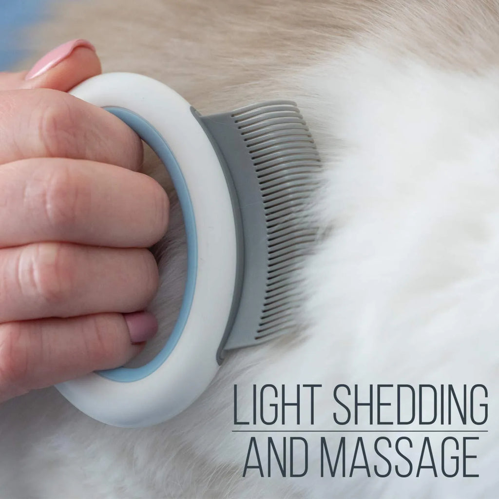 Blue pet deshedding comb with ergonomic handle for cats and dogs