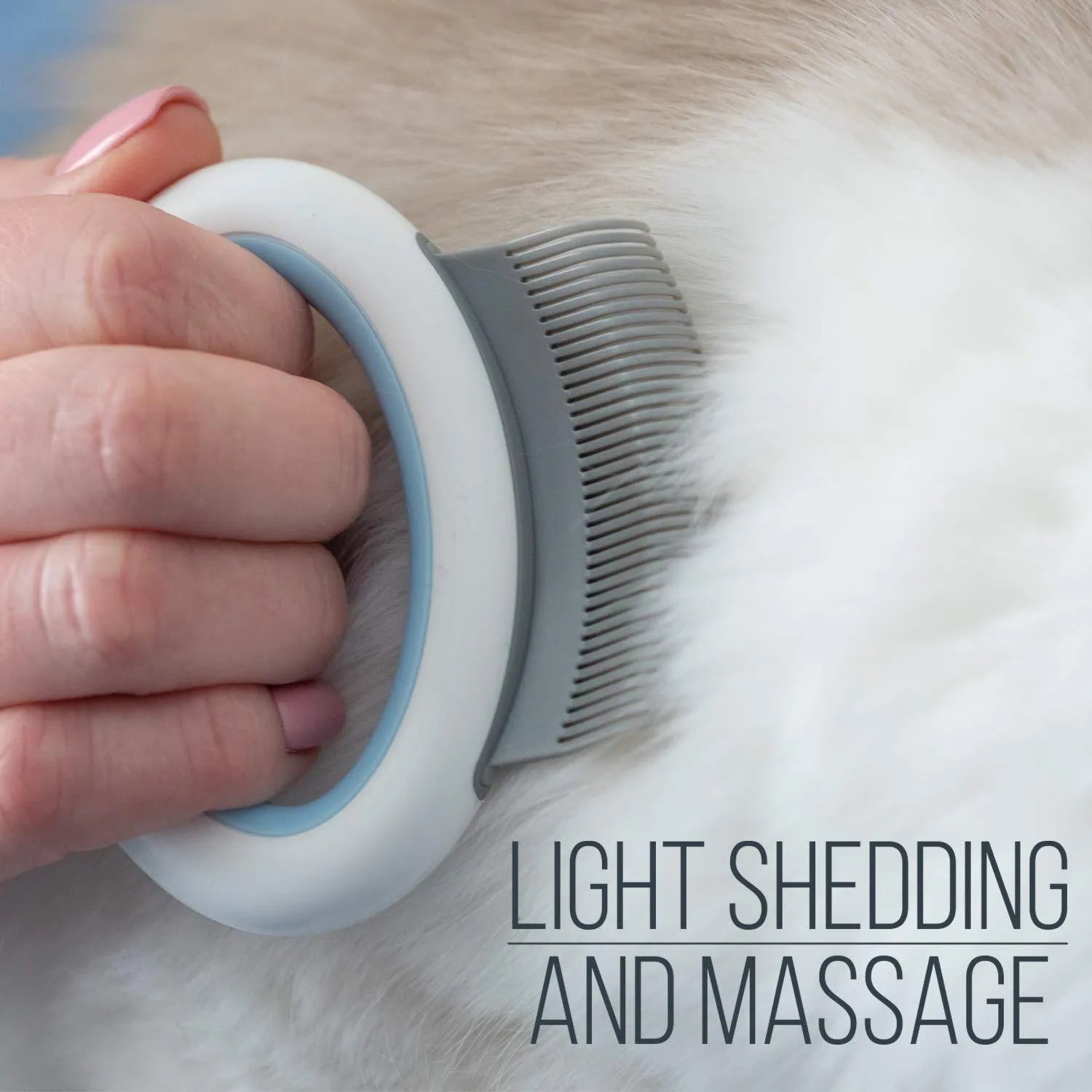 Blue pet deshedding comb with ergonomic handle for cats and dogs