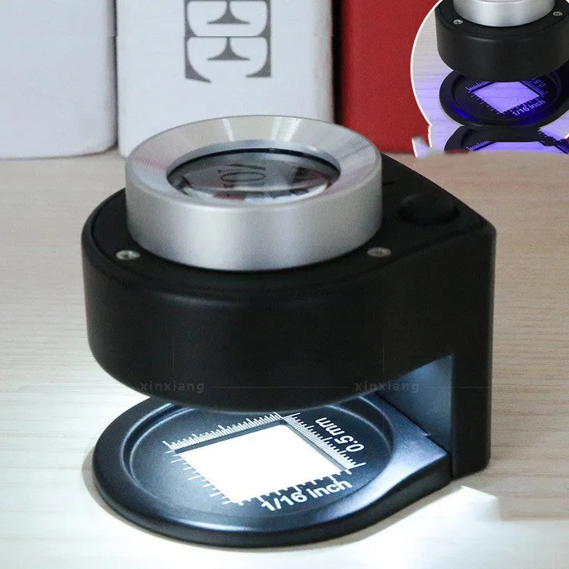 30x full metal magnifier with 6LED money detector light and scale lens, front view, in black finish