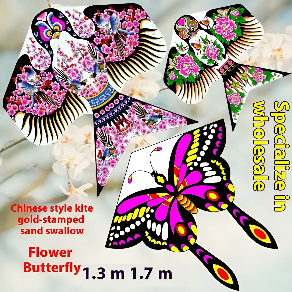 Handmade bronzing sand swallow butterfly kite in 1.3m gold-plated polyester fabric with peony pattern
