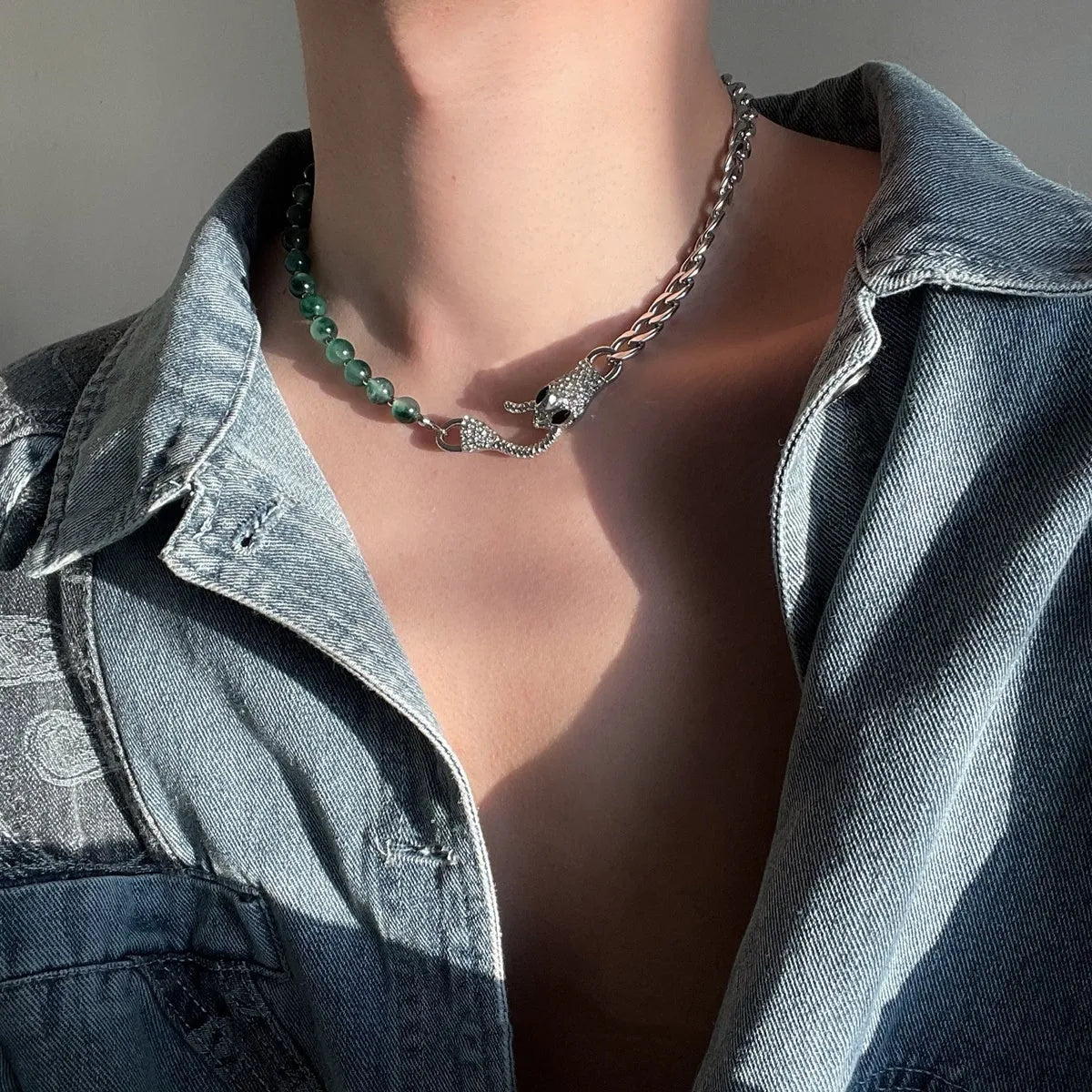 Shenlin Spirit Snake Stitching Lvzhu men's necklace in Deep Forest colour on titanium steel bone chain