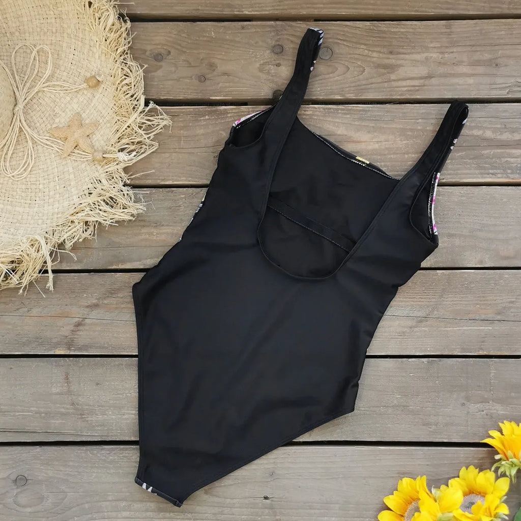 Backless print one-piece swimsuit for women, polyester swimwear with dragon snake flowers print on black background, sizes S M L