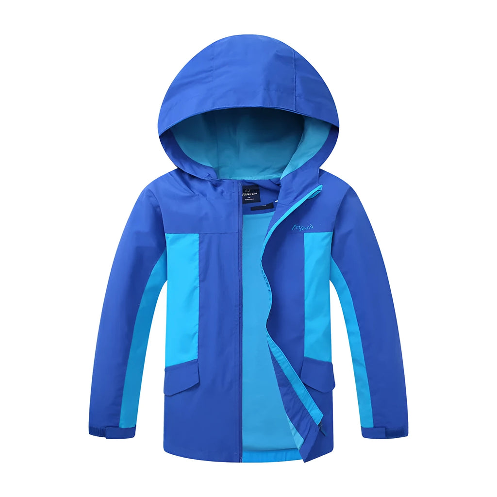 Blue thin children's autumn jacket with long sleeves and a front zip, laid flat showing size label.