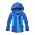 Blue thin children's autumn jacket with long sleeves and a front zip, laid flat showing size label.
