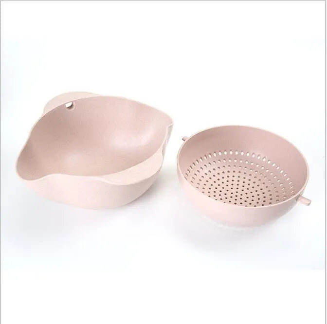 Double-deck plastic rice washing sieve basin in blue with drainage holes, 29.5x13.5x9cm