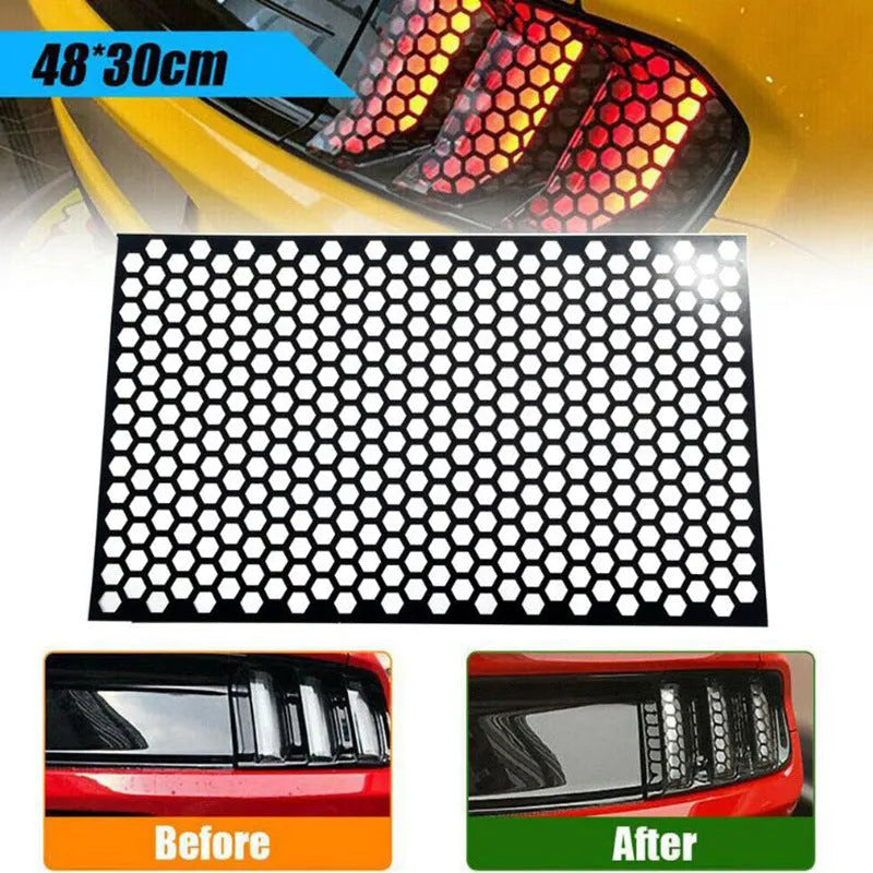Honeycomb pattern vinyl sticker sheet for car taillights in black, carbon fibre, or colourful finish, 48cm by 30cm.