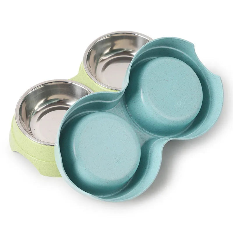 Round two-in-one dog bowl in straw material, blue colour, 24.5x13.5x4.6cm dimensions
