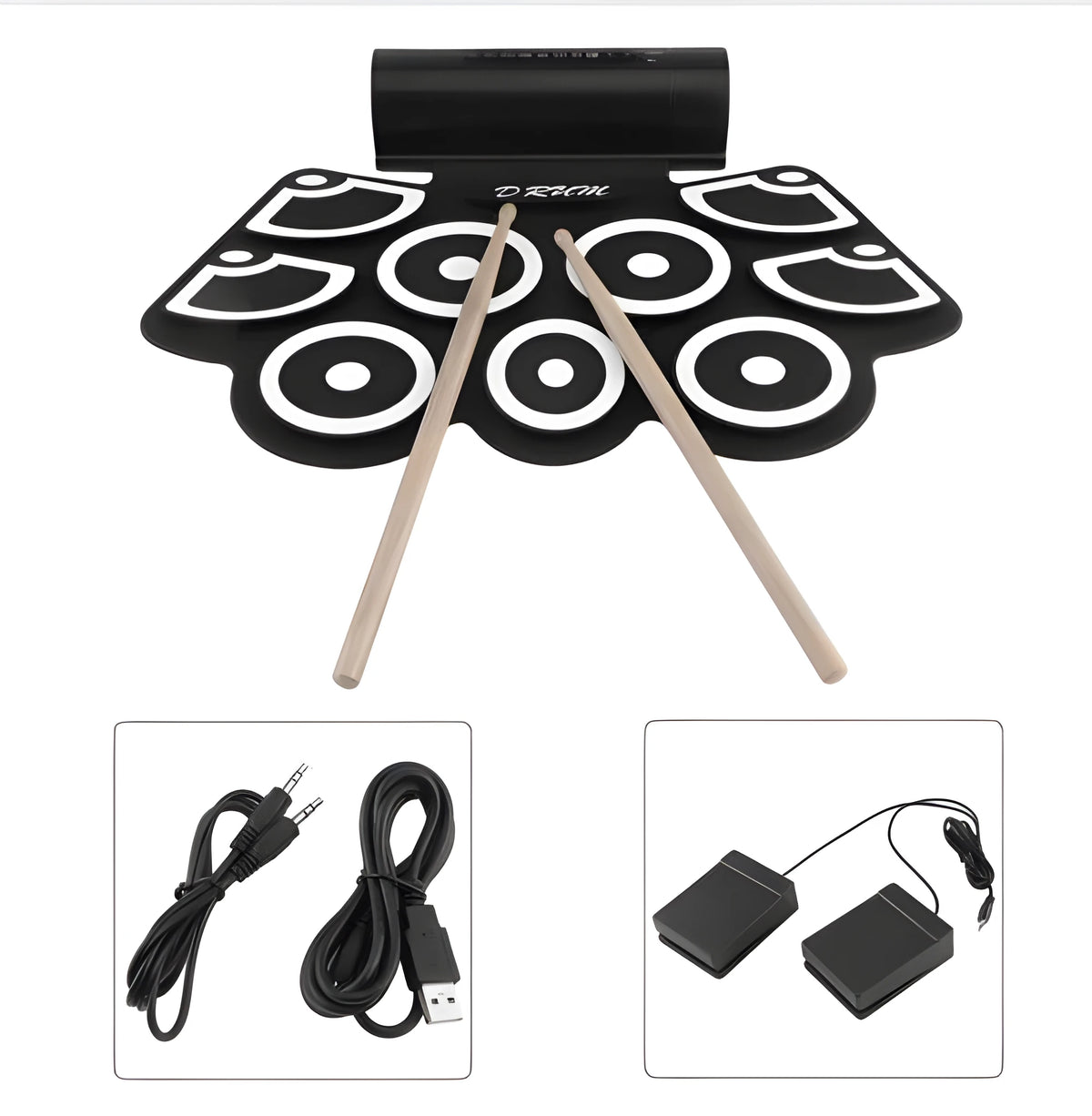 TSAI W760 black portable electronic roll drum pad with built-in speakers, silicone surface, and USB connectivity