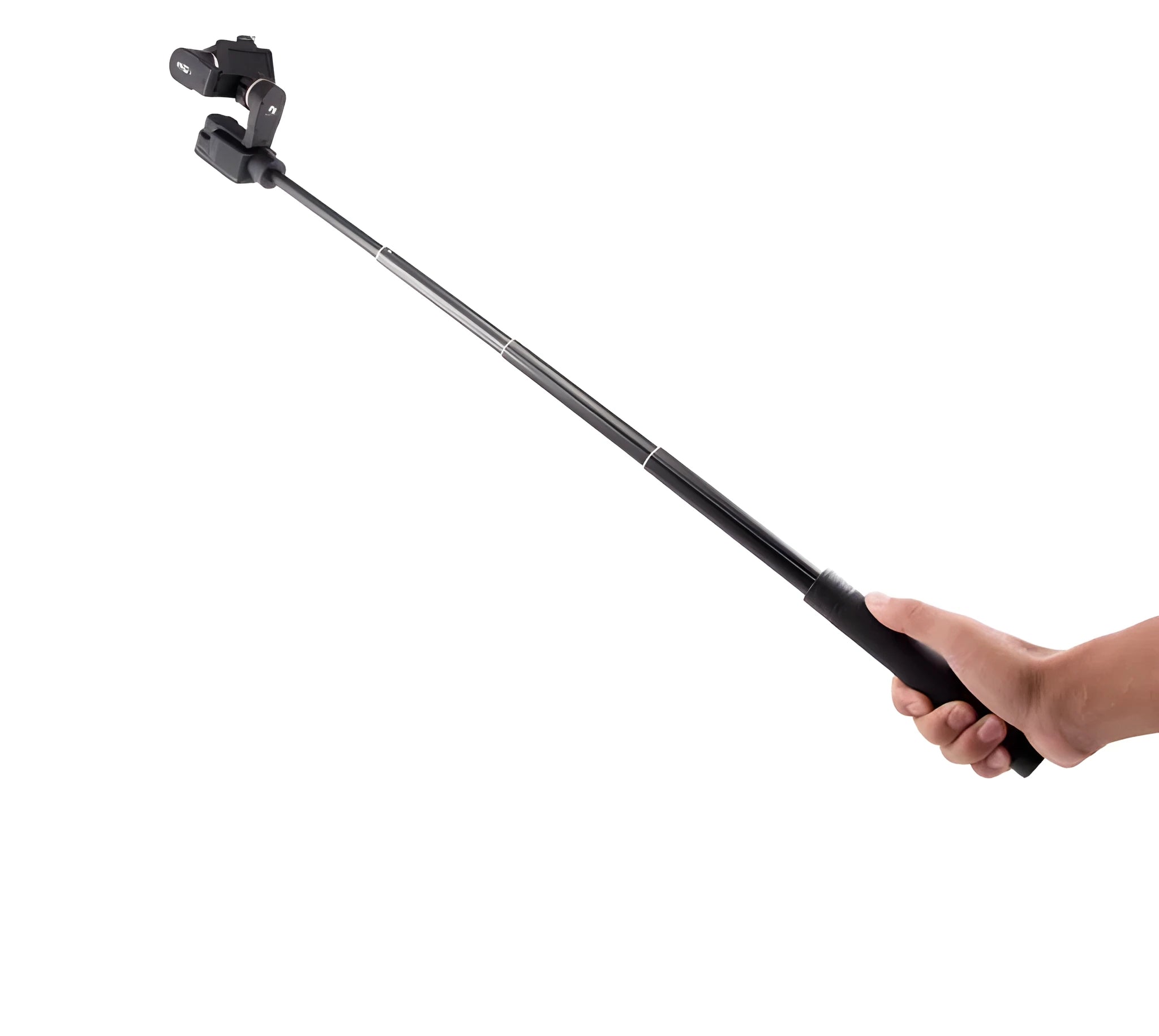 Black retractable aluminium selfie stick with Bluetooth remote and phone mount extended