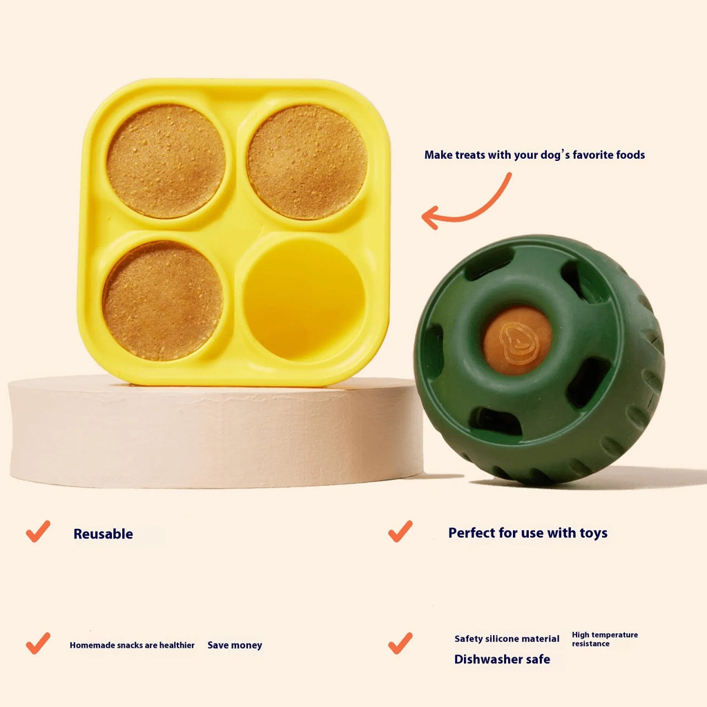 Silicone dog slow feeder molar toy in green or orange with optional yellow tray and ball set