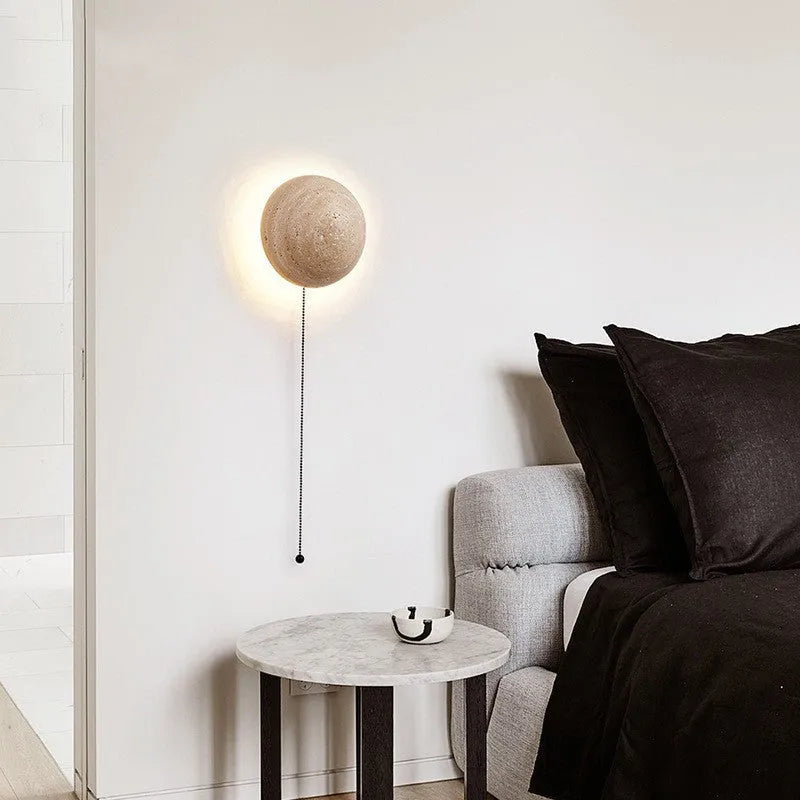 Semicircle cave stone and wood art wall lamp in Nordic style, 15cm wide.