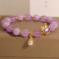 Mori style mauve jade rabbit bracelet with hare head crystal charm on adjustable band