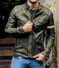 Men's punk motorcycle leather jacket with zipper front and stand collar in black artificial leather