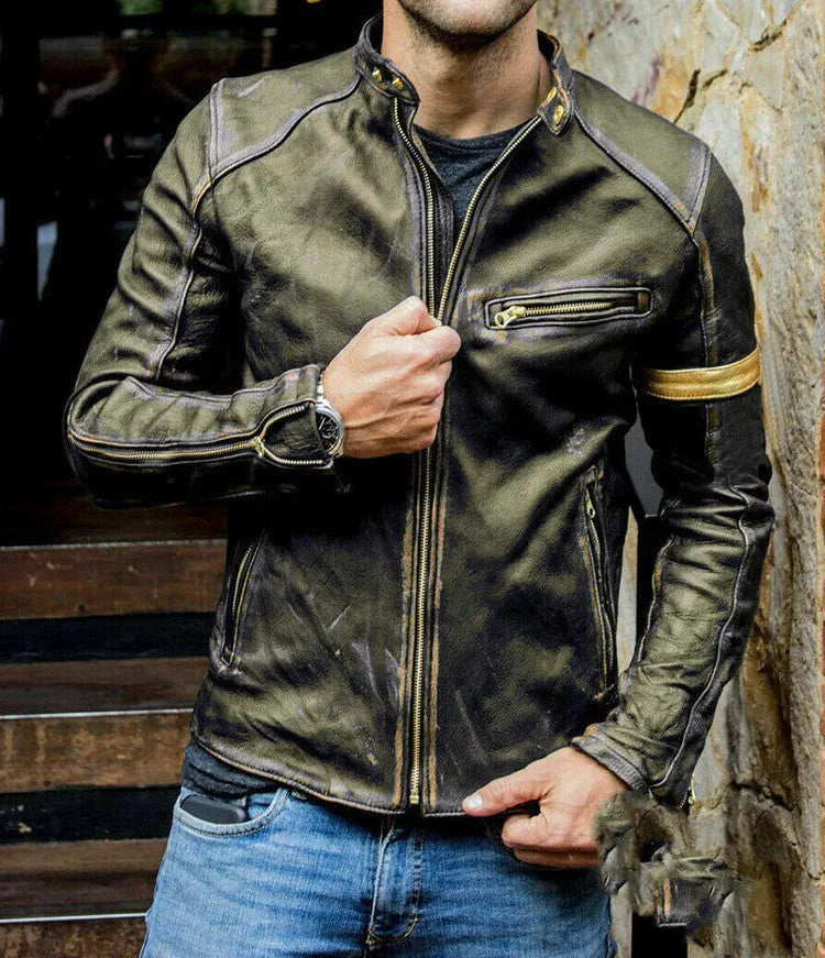 Men's punk motorcycle leather jacket with zipper front and stand collar in black artificial leather