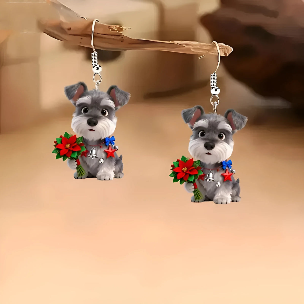 Flat cartoon Schnauzer dog earrings in acrylic, unisex Christmas style animal jewellery, one pair