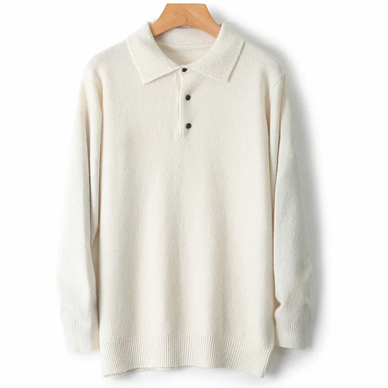 Men's grey polo collar wool blend pullover sweater on a hanger