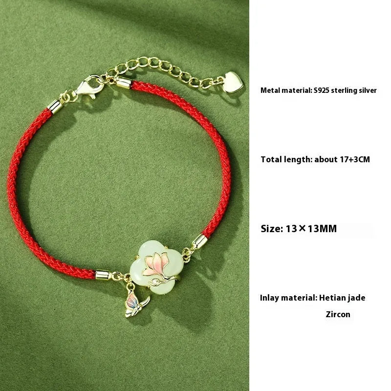 Magnolia flower Hetian jade and sterling silver jewellery set with necklace, bracelet, and earrings