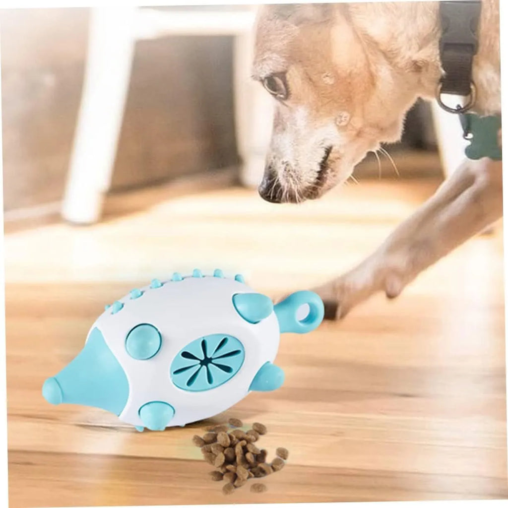 Dog toy treat dispensing squeaky ball in blue green and pink colours