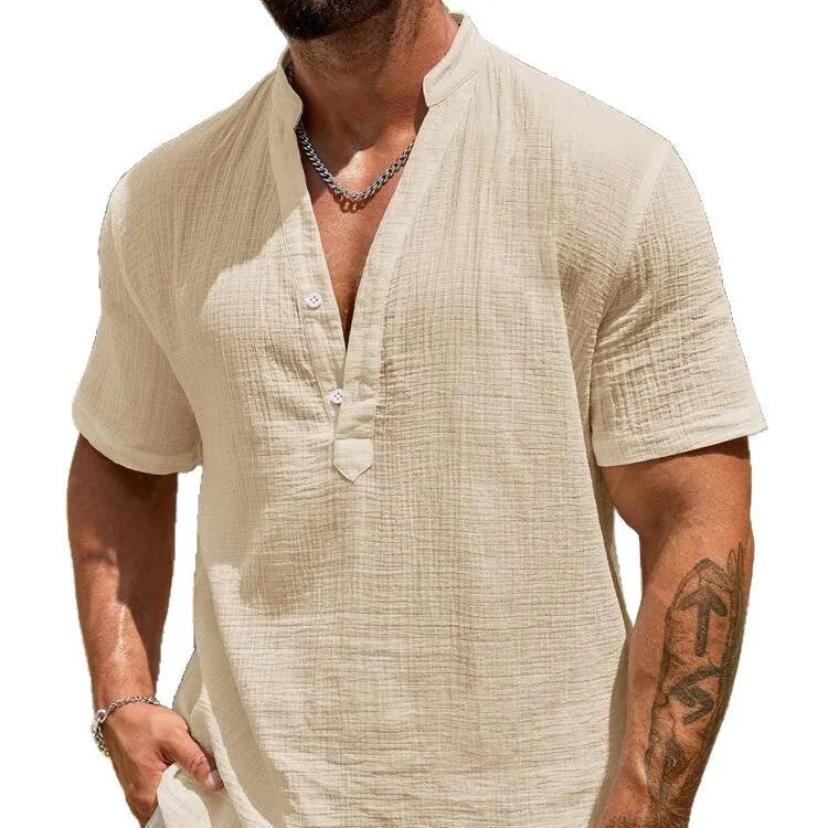 Men's solid colour short-sleeved shirt with a stand collar, shown in a casual style.