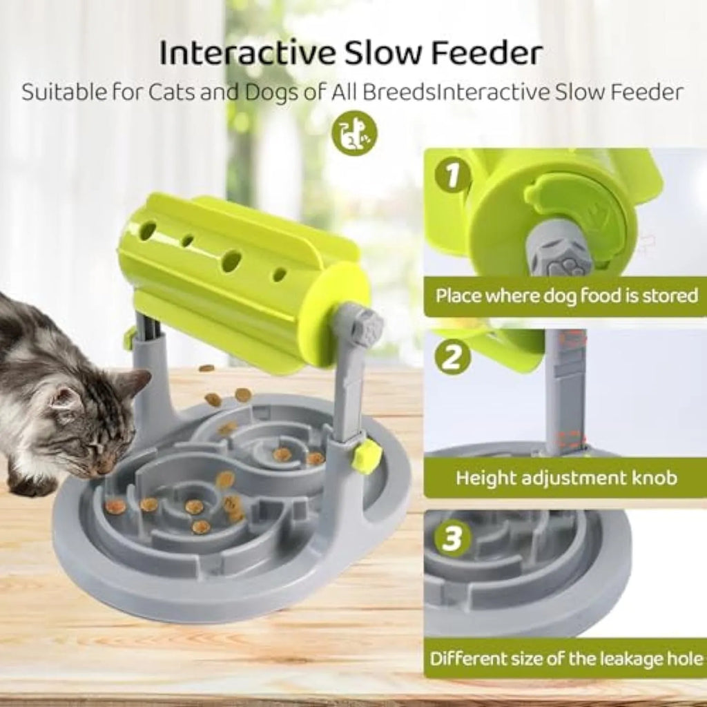 Blue interactive puzzle feeder bowl for dogs and cats with adjustable height and raised patterns.