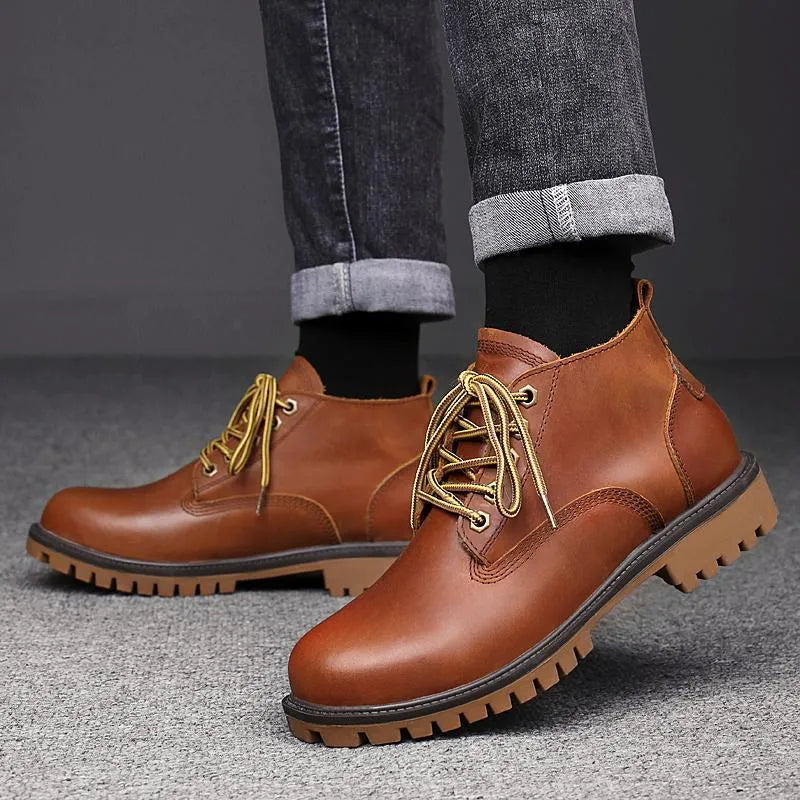 Men's brown leather Martin boots with mid heel platform sole, front lace-up, and round toe, sizes 36-47