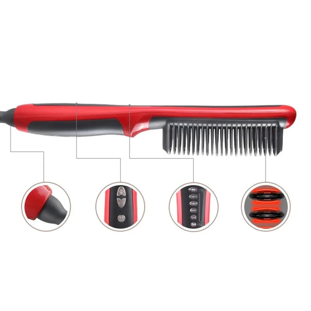 Straight hair comb with ceramic heated brush and ion technology in black and red