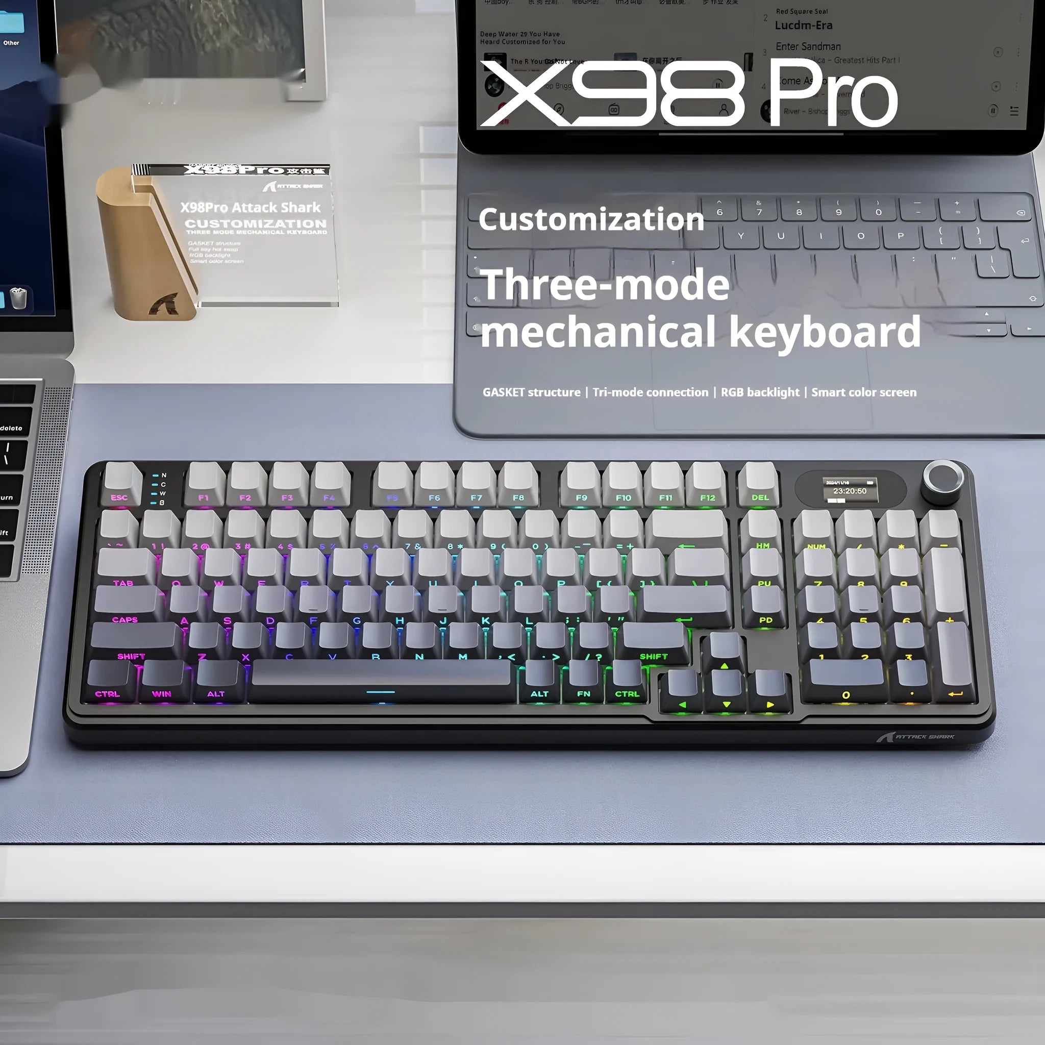Attack Shark X98PRO three-mode RGB wireless Bluetooth mechanical keyboard with side engraving and knob, black