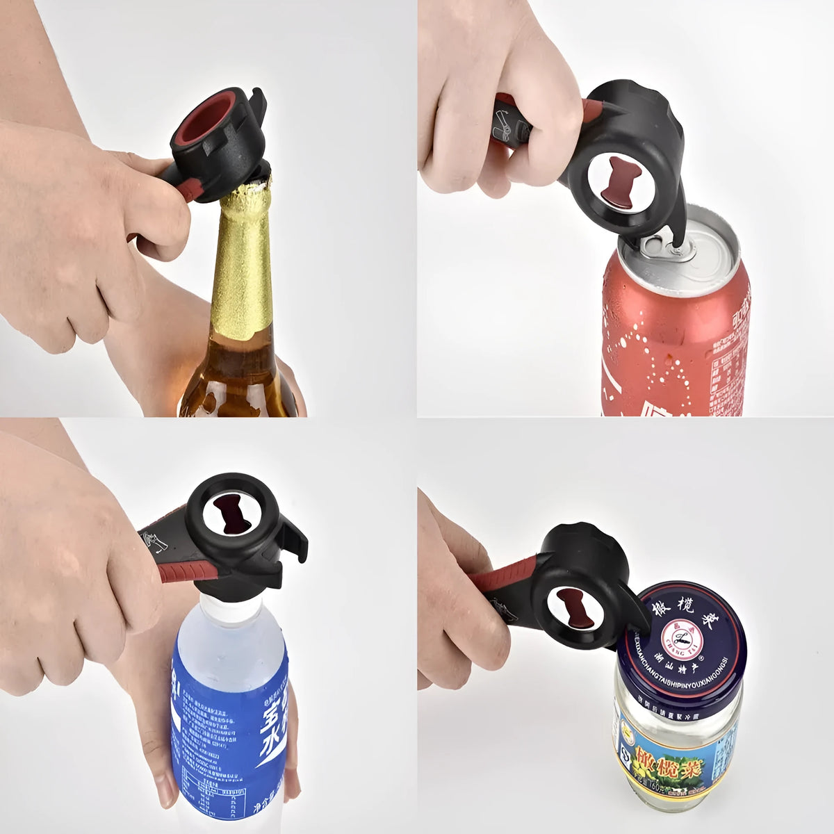 5 in 1 stainless steel and PP can opener and bottle opener, 14.5 cm by 5 cm, 70 g, in black, black grey, green, purple or white.