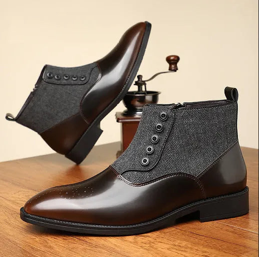 Brown retro men's formal shoes with side zip, square toe, and a low square heel on a plain background.