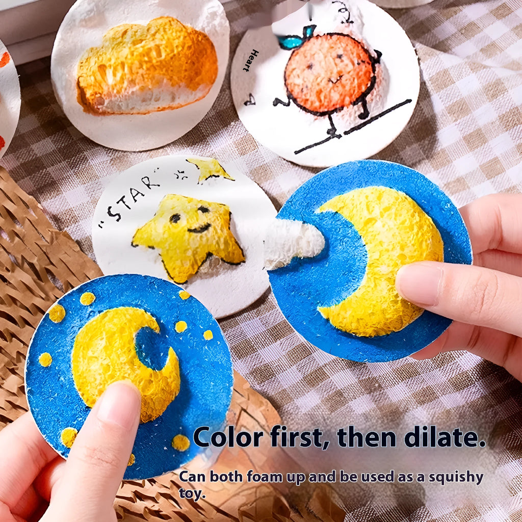 Wood pulp paper painting sponge set with heart, round, and square shapes plus six cartoon fountain pens