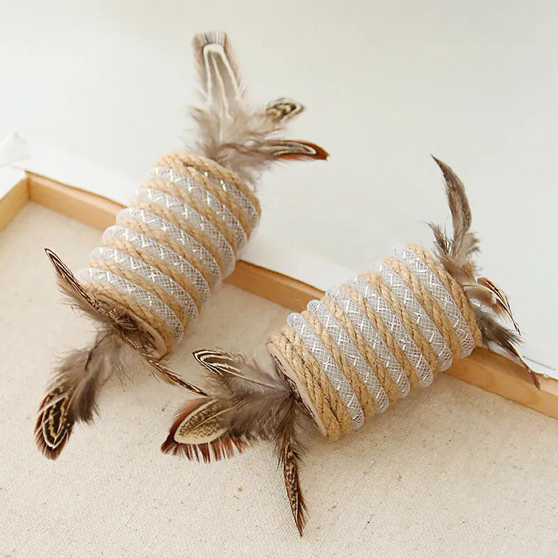 Beige cat toy with hemp rope texture, feathers, and a bell on a wooden roller for scratching and play.
